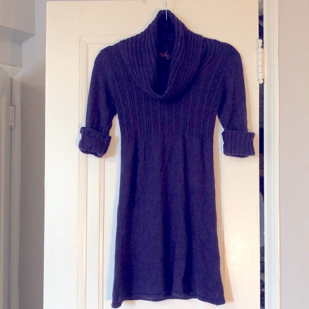 Takeout purple cowl neck turtleneck sweater mini dress, size S.